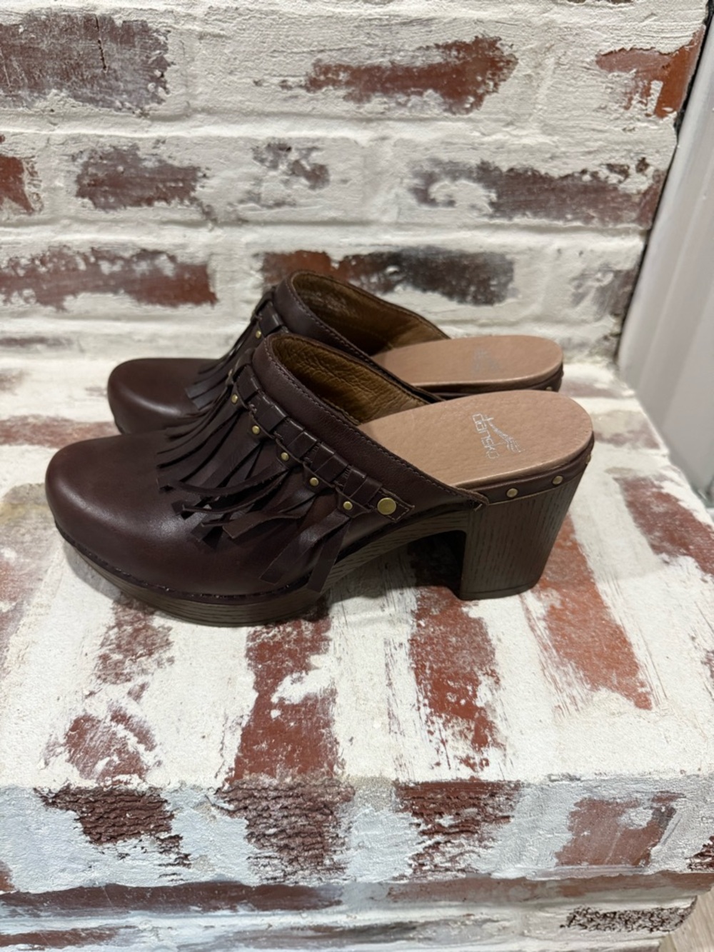 Fringed Brown Leather Clog Mule with Stud Accents